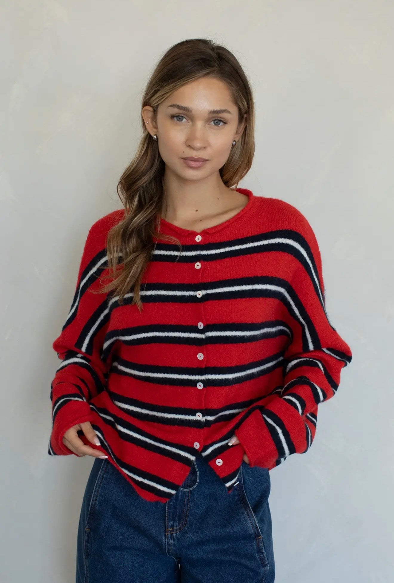 Piper Cardigan Varsity Stripe Tomato Red