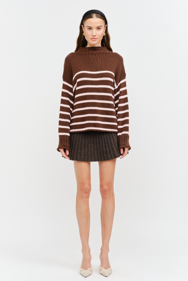 Skylar Stripe Mock Neck Sweater- Brown