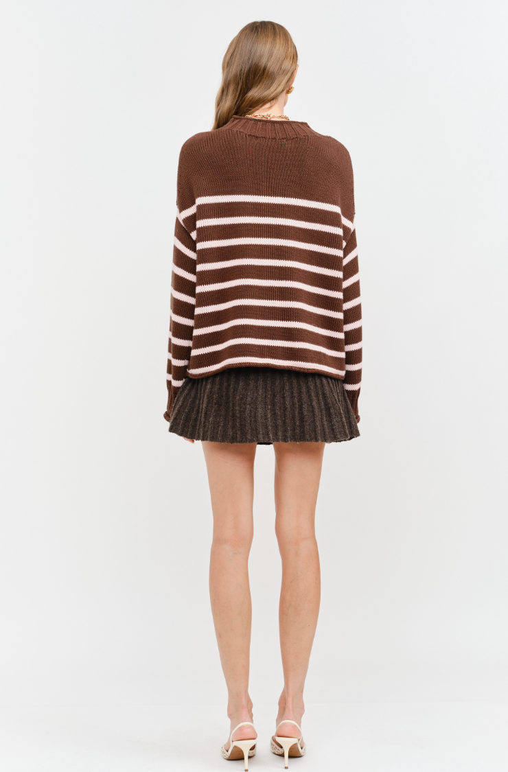 Skylar Stripe Mock Neck Sweater- Brown
