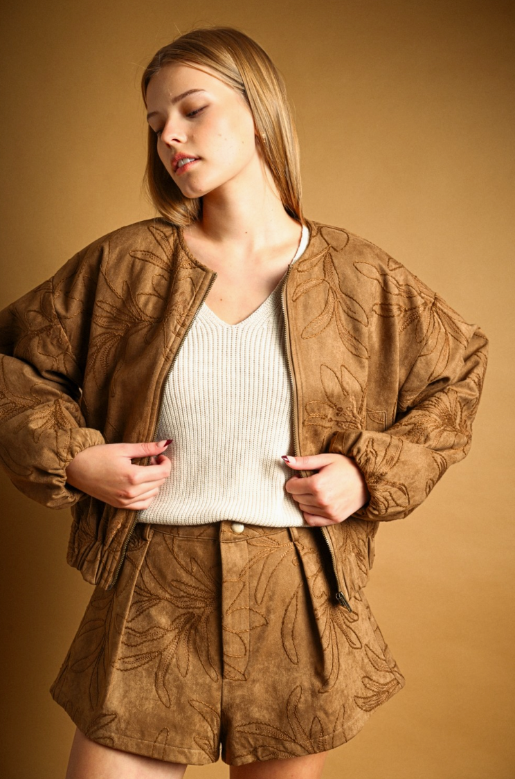 Suede Floral Texture Jacket-Mushroom