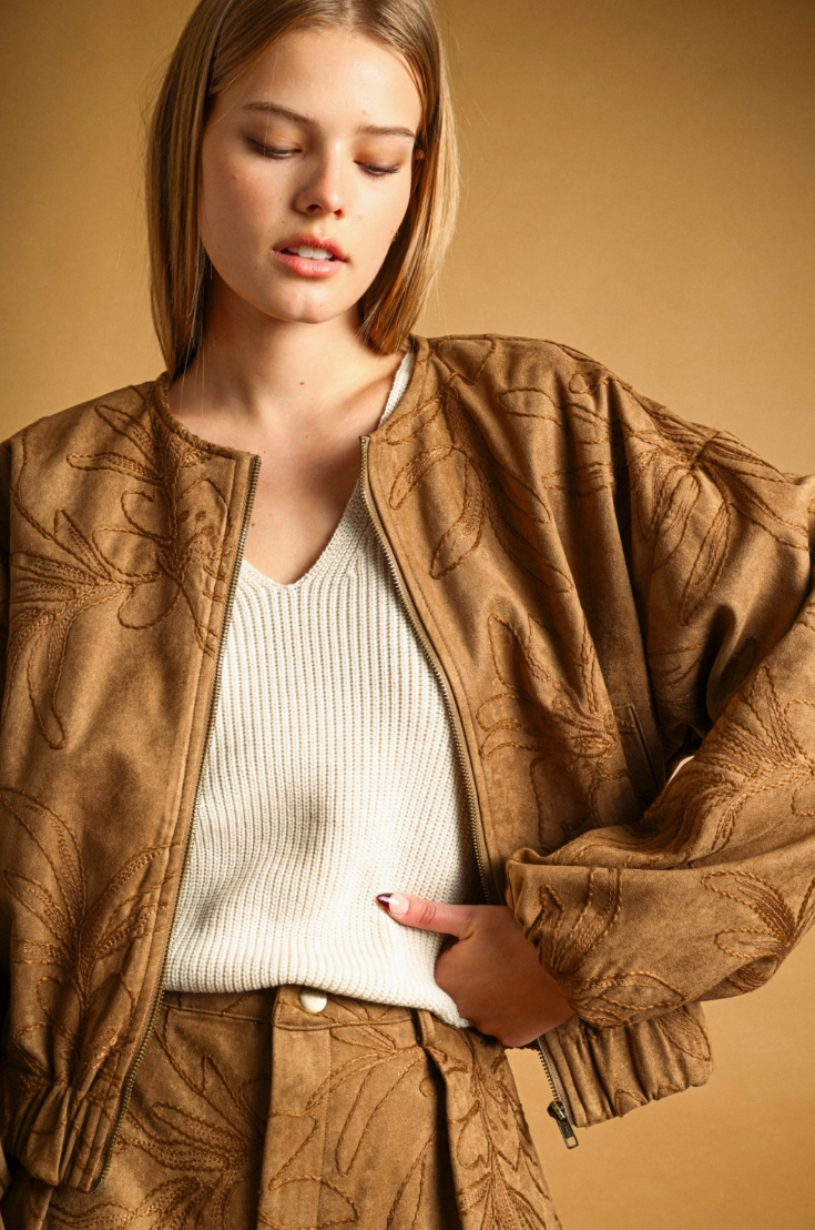 Suede Floral Texture Jacket-Mushroom