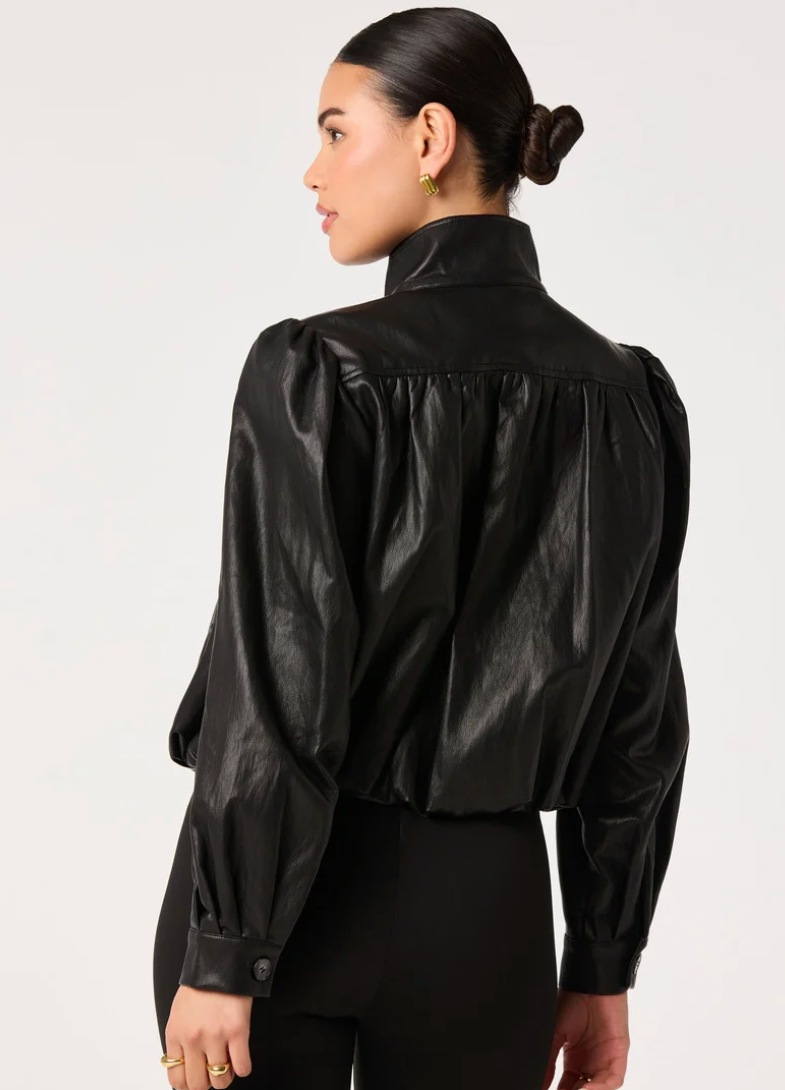 Estero Faux Leather Bomber Jacket-Black
