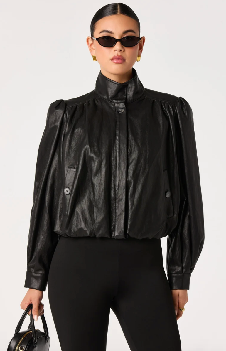 Estero Faux Leather Bomber Jacket-Black