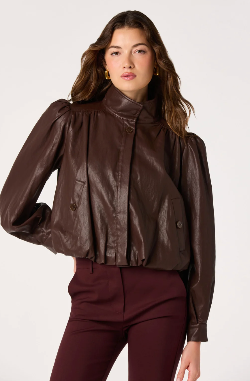 Estero Faux Leather Bomber Jacket-Brown